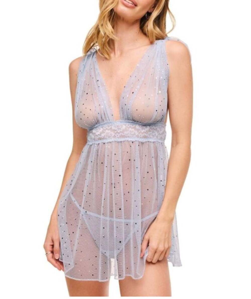 NWT Adore Me Novah Unlined Mesh Glitter Babydoll Lingerie Top Dress Blue Medium